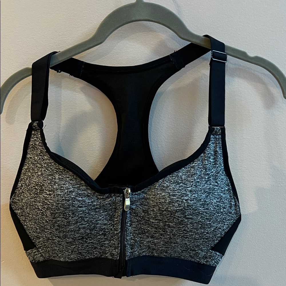 Heather Gray and Padded Black Sports Bra with Front Zipper